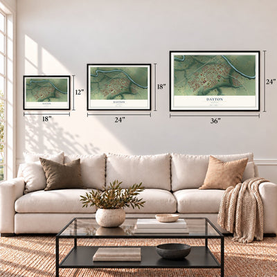 Dayton, Oregon map in 12 x 18, 18 x 24 and 24 x 36 inch sizes above a sofa