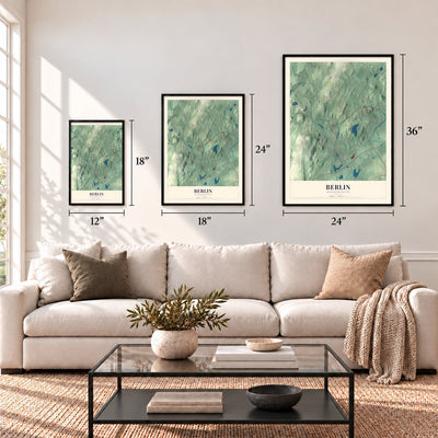Berlin, Massachusetts map in 12 x 18, 18 x 24 and 24 x 36 inch sizes above a sofa