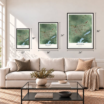 Brandon, Minnesota map in 12 x 18, 18 x 24 and 24 x 36 inch sizes above a sofa