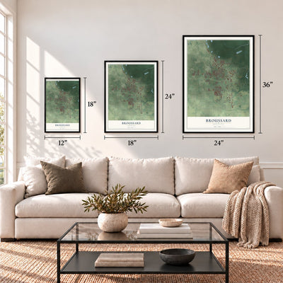 Broussard, Louisiana map in 12 x 18, 18 x 24 and 24 x 36 inch sizes above a sofa