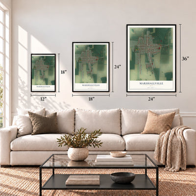Marshallville, Ohio map in 12 x 18, 18 x 24 and 24 x 36 inch sizes above a sofa