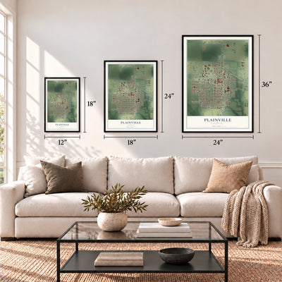 Plainville, Kansas map in 12 x 18, 18 x 24 and 24 x 36 inch sizes above a sofa