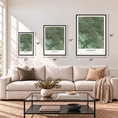 Piedmont, South Dakota map in 12 x 18, 18 x 24 and 24 x 36 inch sizes above a sofa