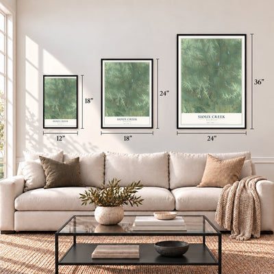 Sioux Creek, Wisconsin map in 12 x 18, 18 x 24 and 24 x 36 inch sizes above a sofa