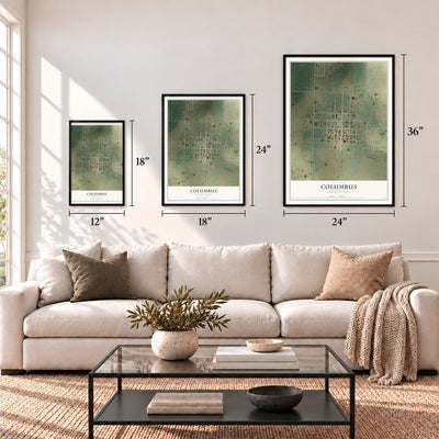 Columbus, North Dakota map in 12 x 18, 18 x 24 and 24 x 36 inch sizes above a sofa