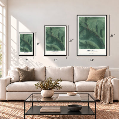 Pine Hill, New York map in 12 x 18, 18 x 24 and 24 x 36 inch sizes above a sofa