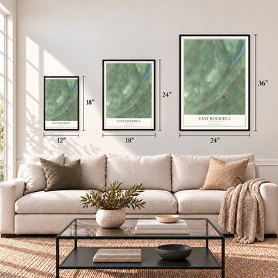 East Rockhill, Pennsylvania map in 12 x 18, 18 x 24 and 24 x 36 inch sizes above a sofa