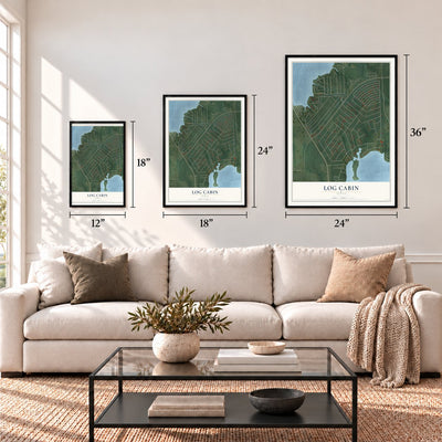 Log Cabin, Texas map in 12 x 18, 18 x 24 and 24 x 36 inch sizes above a sofa