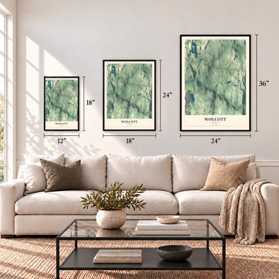 Wolcott, Vermont map in 12 x 18, 18 x 24 and 24 x 36 inch sizes above a sofa