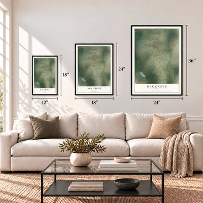 Oak Grove, Texas map in 12 x 18, 18 x 24 and 24 x 36 inch sizes above a sofa