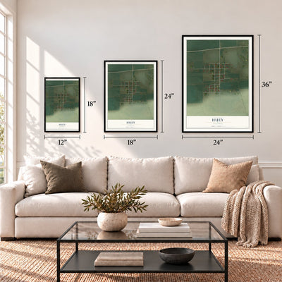 Huey, Illinois map in 12 x 18, 18 x 24 and 24 x 36 inch sizes above a sofa
