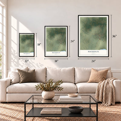 Buckholts, Texas map in 12 x 18, 18 x 24 and 24 x 36 inch sizes above a sofa