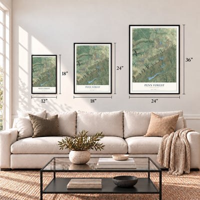 Penn Forest, Pennsylvania map in 12 x 18, 18 x 24 and 24 x 36 inch sizes above a sofa