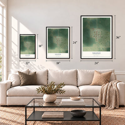 Tolstoy, South Dakota map in 12 x 18, 18 x 24 and 24 x 36 inch sizes above a sofa