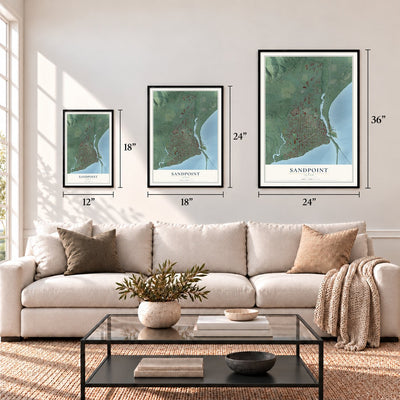Sandpoint, Idaho map in 12 x 18, 18 x 24 and 24 x 36 inch sizes above a sofa