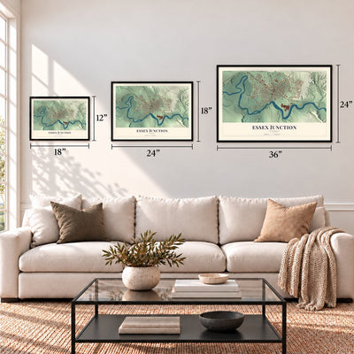 Essex Junction, Vermont map in 12 x 18, 18 x 24 and 24 x 36 inch sizes above a sofa