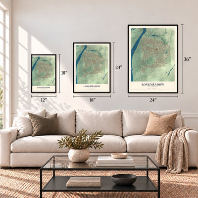 Longmeadow, Massachusetts map in 12 x 18, 18 x 24 and 24 x 36 inch sizes above a sofa