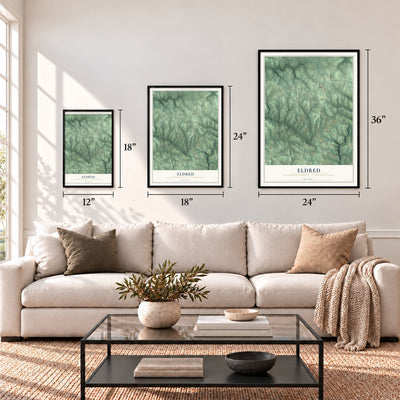 Eldred, Jefferson County, Pennsylvania map in 12 x 18, 18 x 24 and 24 x 36 inch sizes above a sofa