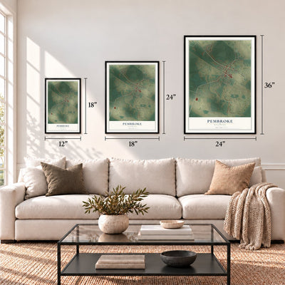 Pembroke, Kentucky map in 12 x 18, 18 x 24 and 24 x 36 inch sizes above a sofa