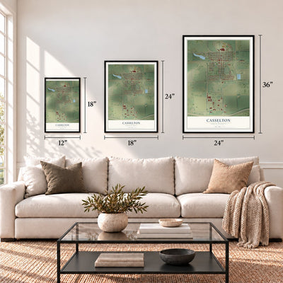 Casselton, North Dakota map in 12 x 18, 18 x 24 and 24 x 36 inch sizes above a sofa
