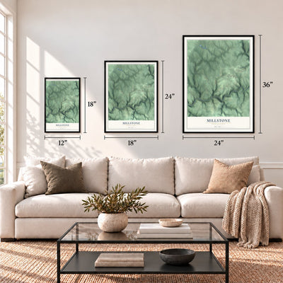 Millstone, Pennsylvania map in 12 x 18, 18 x 24 and 24 x 36 inch sizes above a sofa