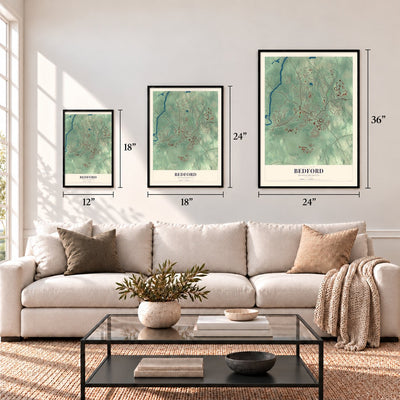 Bedford, Massachusetts map in 12 x 18, 18 x 24 and 24 x 36 inch sizes above a sofa