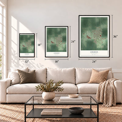 Colman, South Dakota map in 12 x 18, 18 x 24 and 24 x 36 inch sizes above a sofa