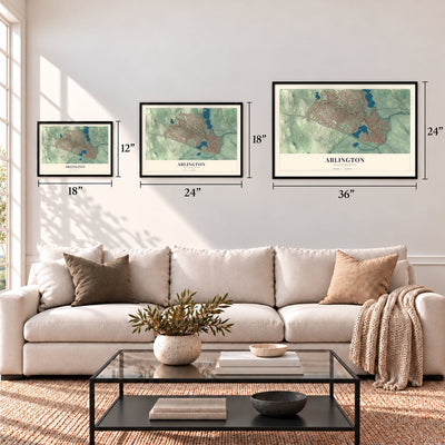 Arlington, Massachusetts map in 12 x 18, 18 x 24 and 24 x 36 inch sizes above a sofa