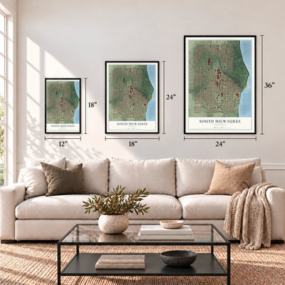 South Milwaukee, Wisconsin map in 12 x 18, 18 x 24 and 24 x 36 inch sizes above a sofa