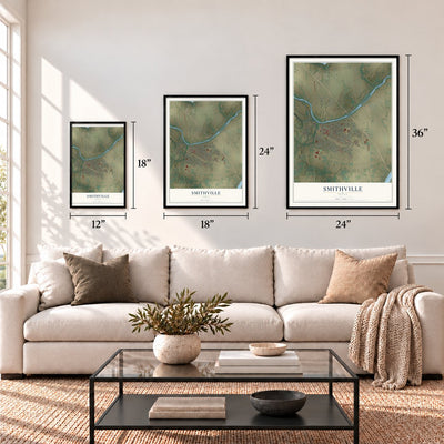 Smithville, Texas map in 12 x 18, 18 x 24 and 24 x 36 inch sizes above a sofa