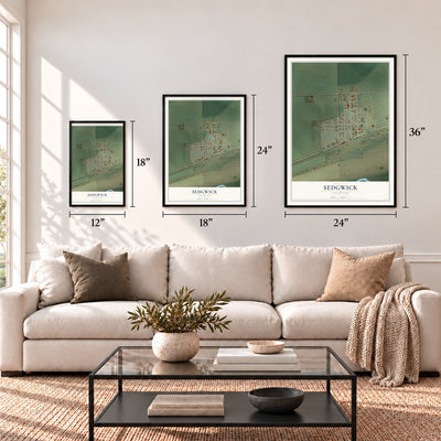 Sedgwick, Colorado map in 12 x 18, 18 x 24 and 24 x 36 inch sizes above a sofa