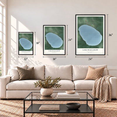 Lake Waccamaw, North Carolina map in 12 x 18, 18 x 24 and 24 x 36 inch sizes above a sofa