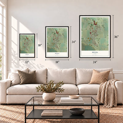 Melba, Idaho map in 12 x 18, 18 x 24 and 24 x 36 inch sizes above a sofa
