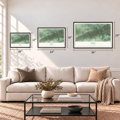 Caln, Pennsylvania map in 12 x 18, 18 x 24 and 24 x 36 inch sizes above a sofa