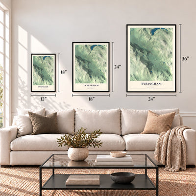 Tyringham, Massachusetts map in 12 x 18, 18 x 24 and 24 x 36 inch sizes above a sofa