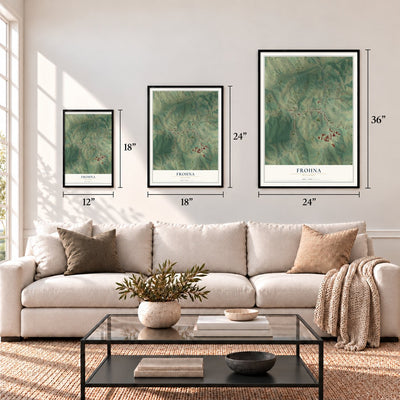 Frohna, Missouri map in 12 x 18, 18 x 24 and 24 x 36 inch sizes above a sofa