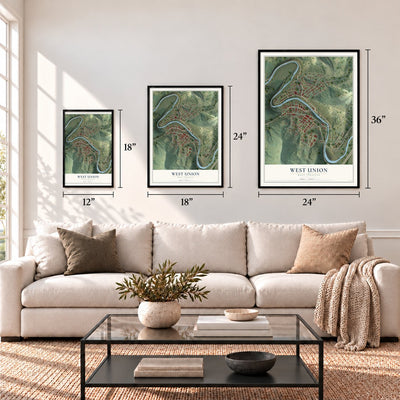 West Union, West Virginia map in 12 x 18, 18 x 24 and 24 x 36 inch sizes above a sofa
