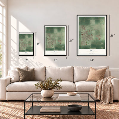 Tea, South Dakota map in 12 x 18, 18 x 24 and 24 x 36 inch sizes above a sofa