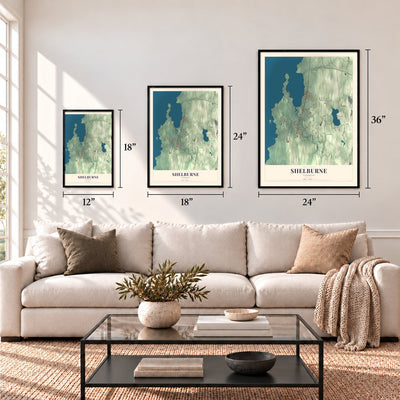 Shelburne, Vermont map in 12 x 18, 18 x 24 and 24 x 36 inch sizes above a sofa