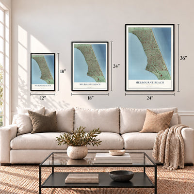 Melbourne Beach, Florida map in 12 x 18, 18 x 24 and 24 x 36 inch sizes above a sofa
