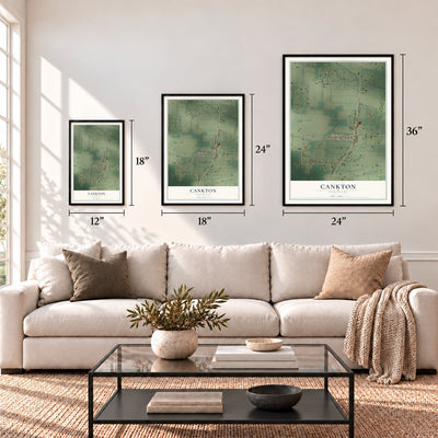 Cankton, Louisiana map in 12 x 18, 18 x 24 and 24 x 36 inch sizes above a sofa