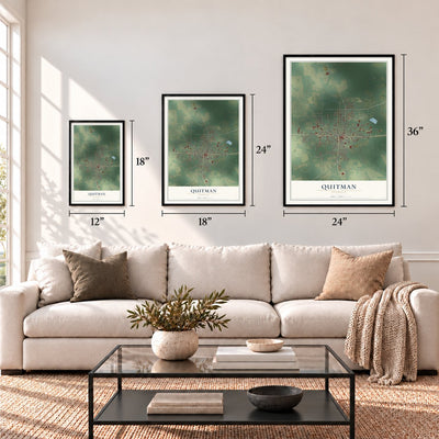 Quitman, Georgia map in 12 x 18, 18 x 24 and 24 x 36 inch sizes above a sofa