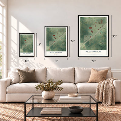 West Sullivan, Missouri map in 12 x 18, 18 x 24 and 24 x 36 inch sizes above a sofa