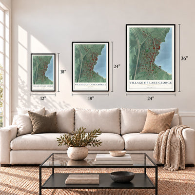 Village of Lake George, New York map in 12 x 18, 18 x 24 and 24 x 36 inch sizes above a sofa