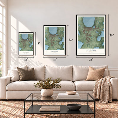 St. Cloud, Florida map in 12 x 18, 18 x 24 and 24 x 36 inch sizes above a sofa