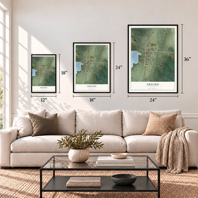 Erhard, Minnesota map in 12 x 18, 18 x 24 and 24 x 36 inch sizes above a sofa