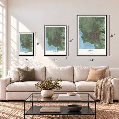 Provo, Utah map in 12 x 18, 18 x 24 and 24 x 36 inch sizes above a sofa