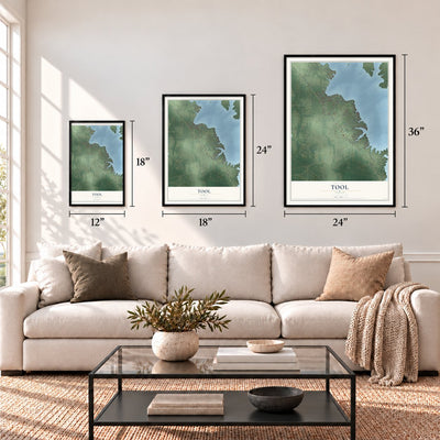 Tool, Texas map in 12 x 18, 18 x 24 and 24 x 36 inch sizes above a sofa