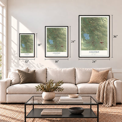 Colstrip, Montana map in 12 x 18, 18 x 24 and 24 x 36 inch sizes above a sofa