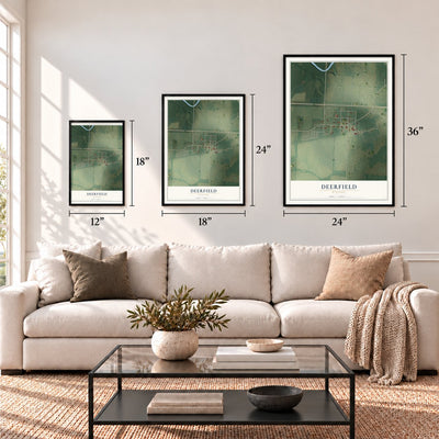 Deerfield, Missouri map in 12 x 18, 18 x 24 and 24 x 36 inch sizes above a sofa